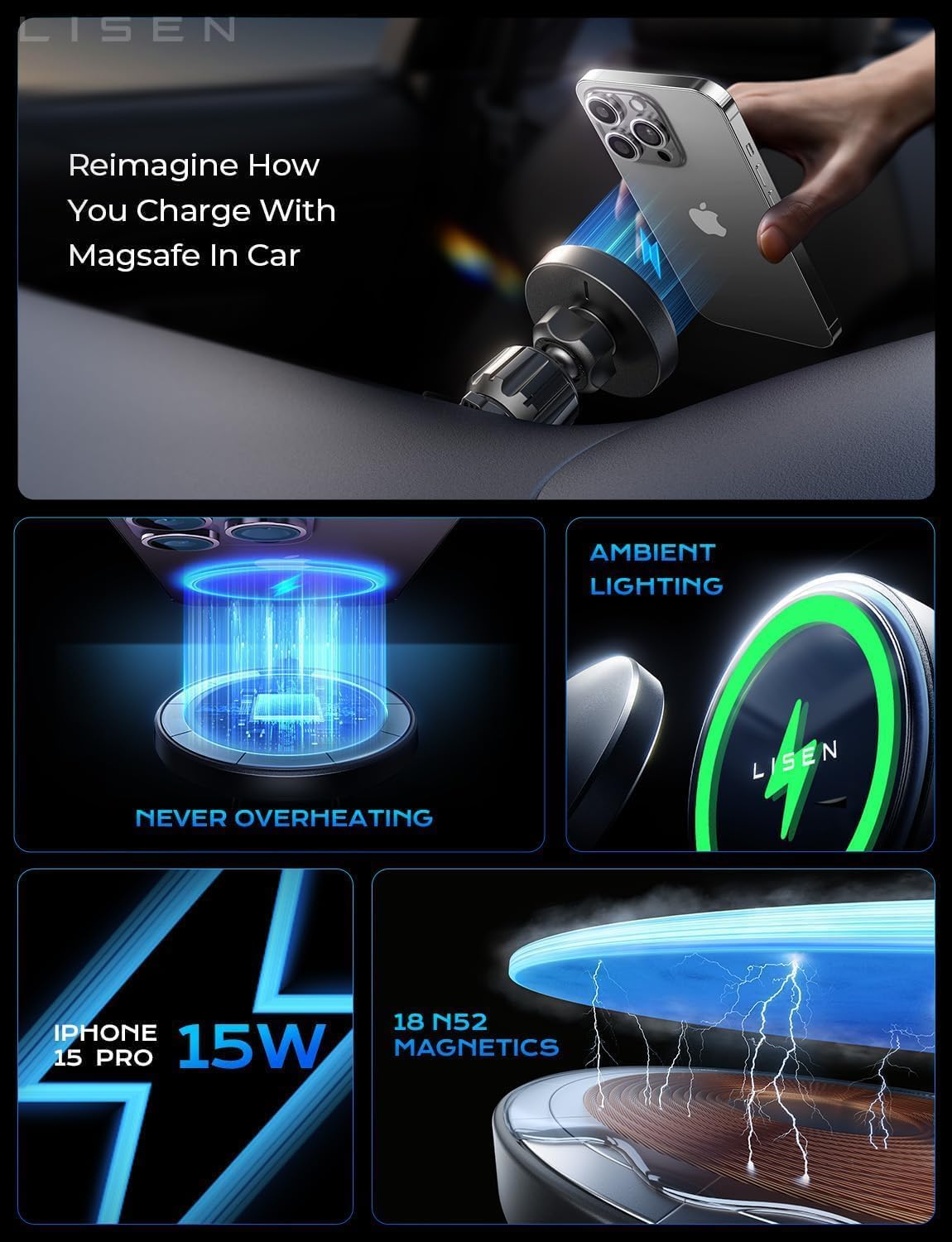 LISEN 15W MagSafe Car Mount Charger, Magnetic Phone Holders for Your Car - Image 5